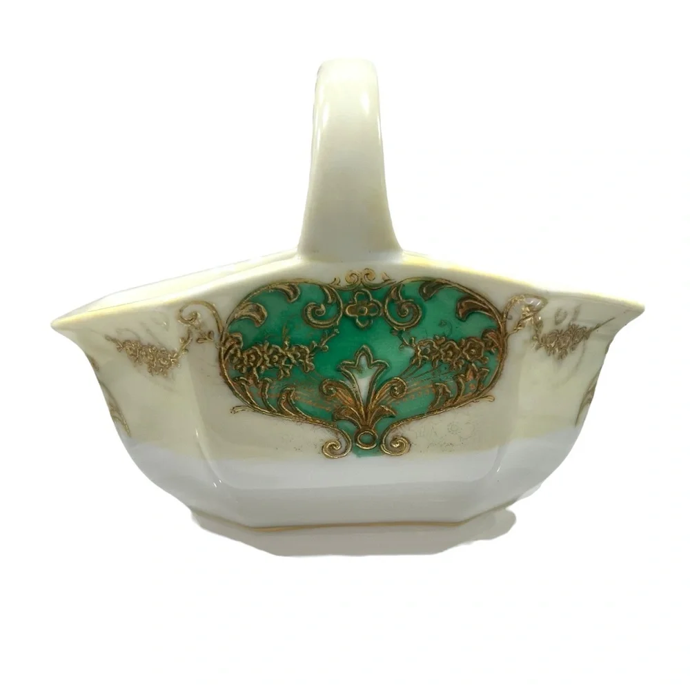 NORITAKE GREEN/GOLD/YELLOW HAND PAINTED PORCELAIN CERAMIC MINI BASKET